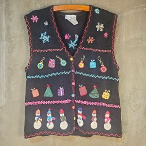Vintage Christmas Sweater Vest Embroidered Snowman Black L Retro 90s Pink Granny